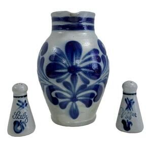 Vintage Handarbeit  Pottery Salt Glazed Stoneware Cobalt  Pitcher Set Of 3